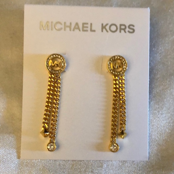Michael Kors Gold Plated Brass MK Logo & Curb Chain Drop Earrings Crystal NWT - Picture 1 of 14